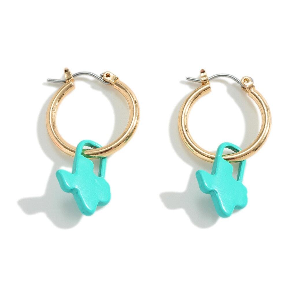 Teal Enamel Texas Charm Hoop Earrings